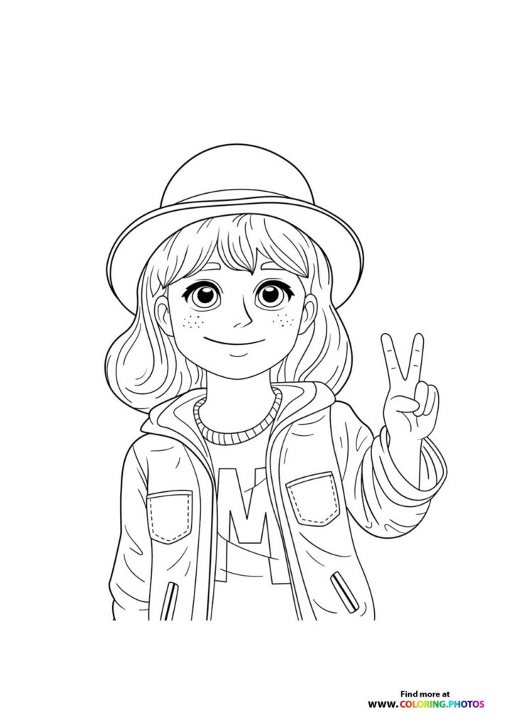 Girl with wavy hair wearing a hat and utility jacket making a peace sign coloring page