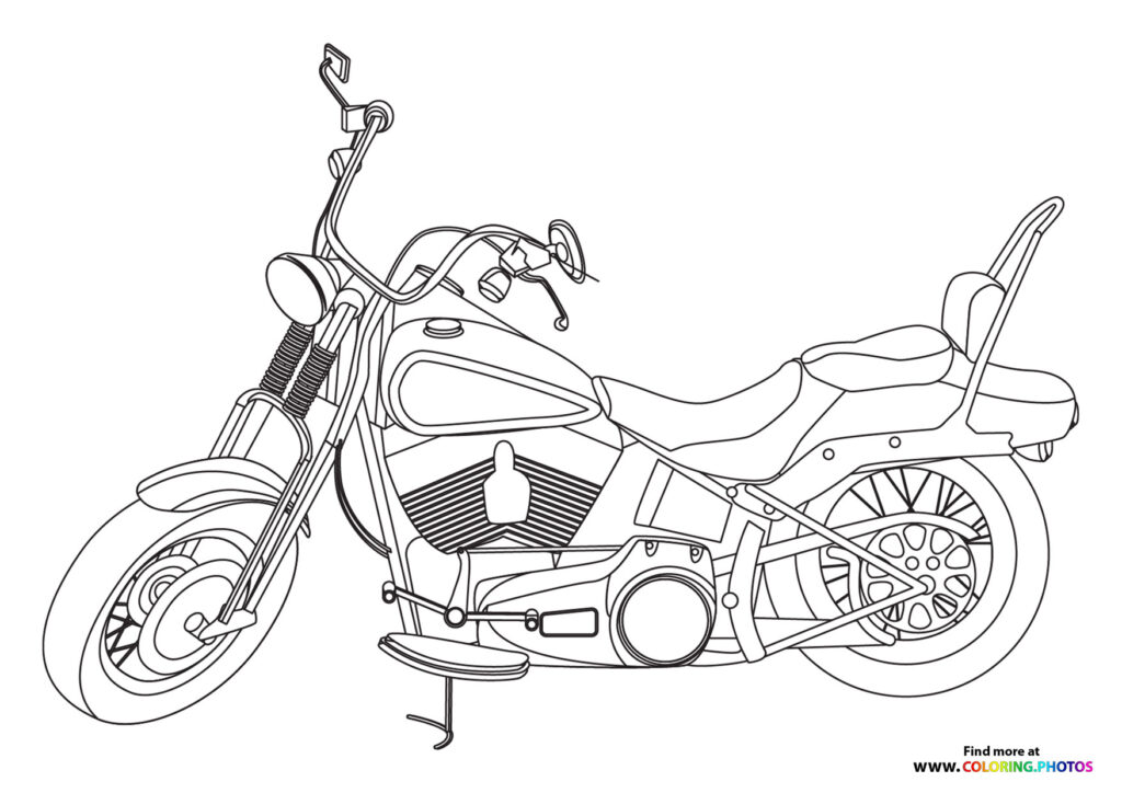 Classic cruiser motorcycle with ape-hanger handlebars, engine detail, and whitewall tires coloring page
