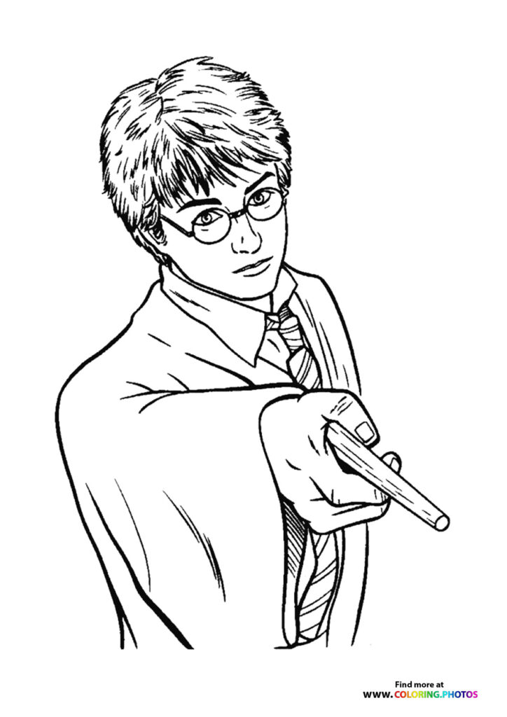 Harry Potter wearing glasses and holding his wand with a cloak draped over his shoulder coloring page from Harry Potter