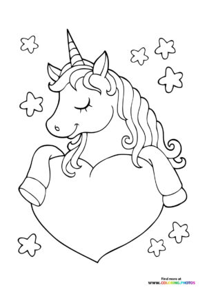 Valentines unicorn with hearth coloring page