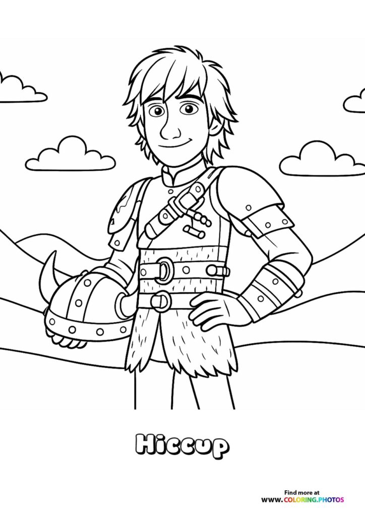 Hiccup wearing Viking armor and holding a helmet coloring page from How to Train Your Dragon 2025