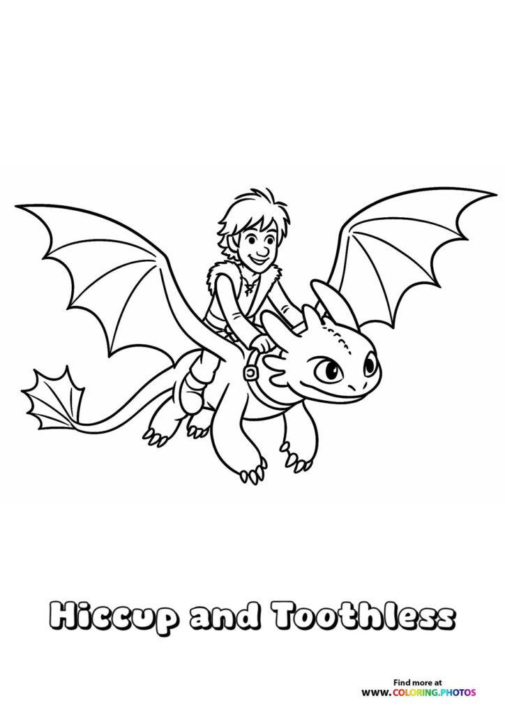 Hiccup riding on Toothless the dragon with wings spread wide coloring page from How to Train Your Dragon