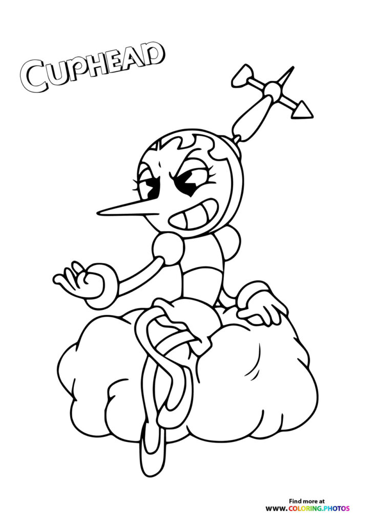 Cuphead holding a peashooter on a cloud coloring page from The Cuphead Show