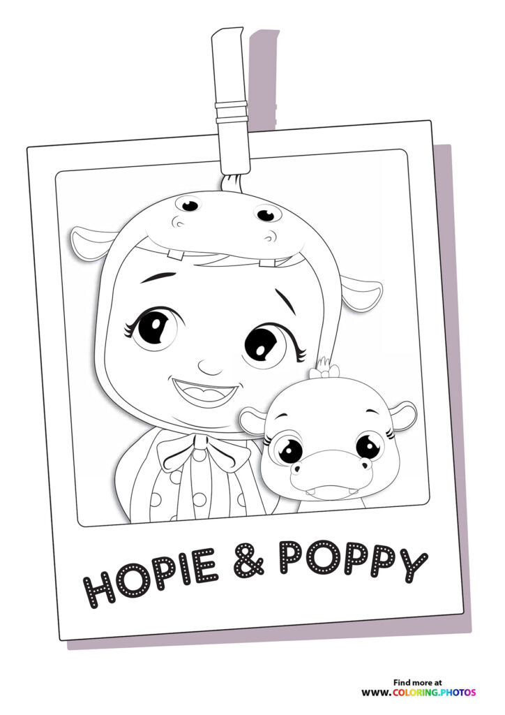 Hopie holding baby Poppy from Cry Babies coloring page with expressive eyes and polka-dot dress