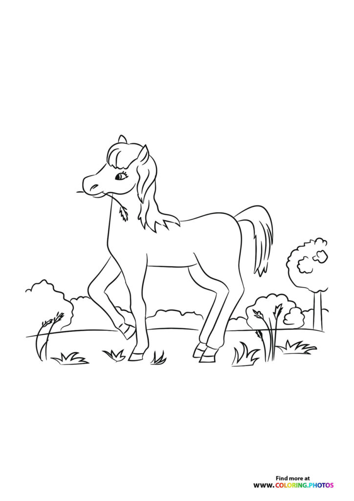 A horse with long mane and tail standing in a meadow with wildflowers and trees coloring page