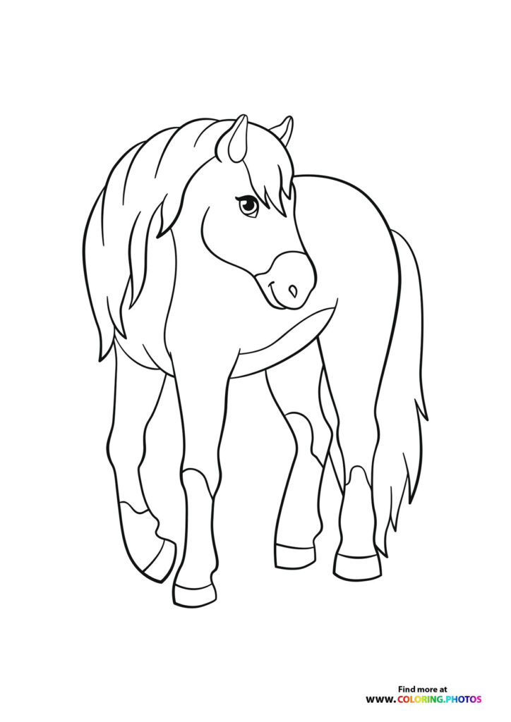 A standing pony with long mane and tail, detailed facial features, and hooved legs coloring page