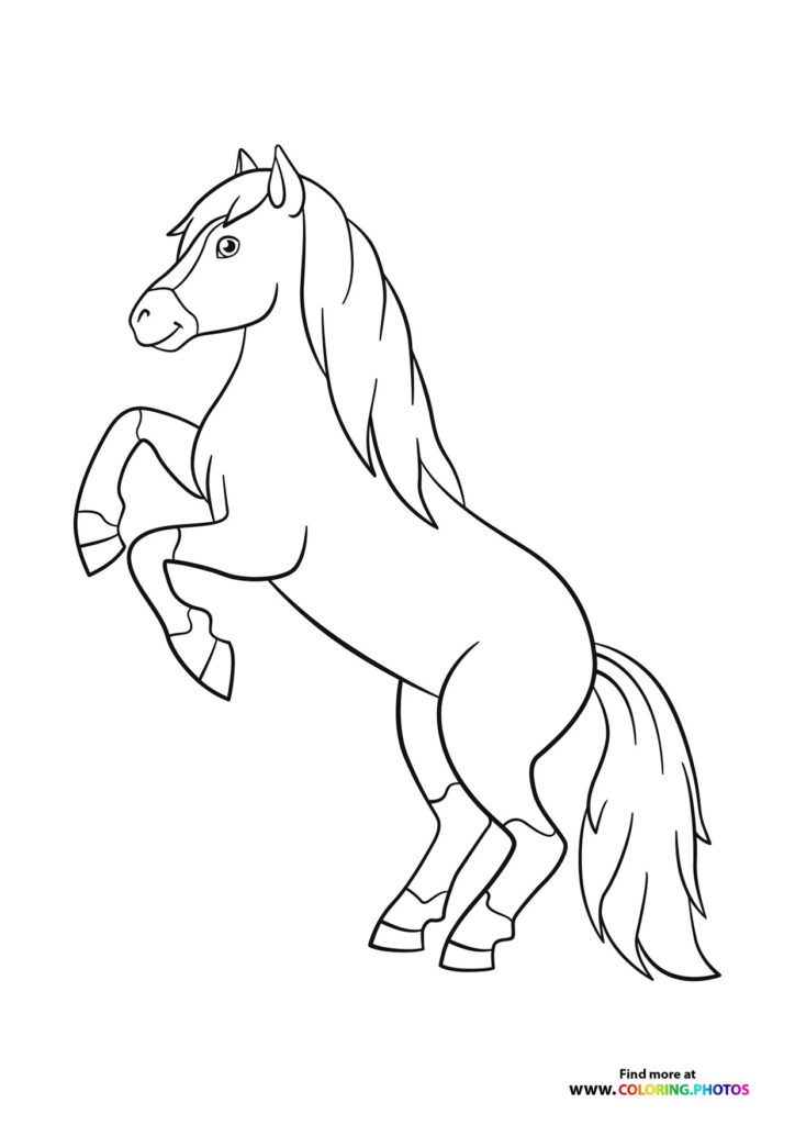 A prancing horse with flowing mane and tail rearing up on hind legs coloring page