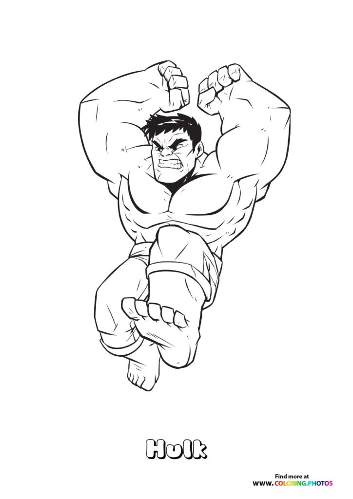 Hulk with massive muscles and fists raised above head in powerful pose, Marvel Rivals coloring page