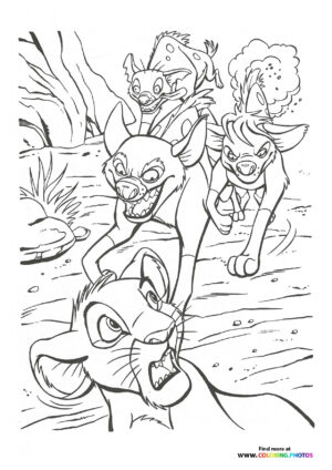 Crazy Hyenas chasing Simba from Lion King coloring page