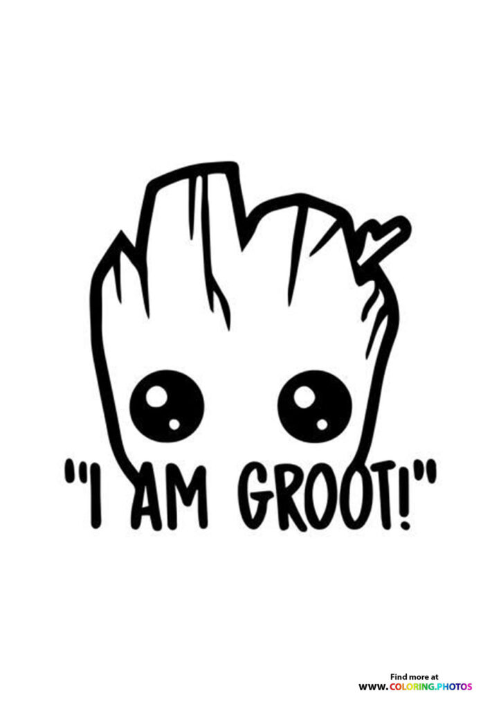 Baby Groot with big eyes and branch fingers saying I Am Groot coloring page from Marvel