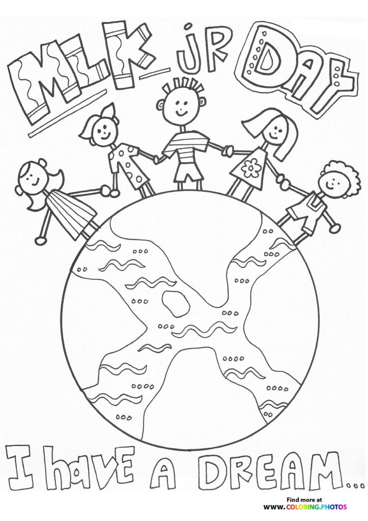 Diverse children holding hands around the globe with I have a dream message, MLK Jr. coloring page