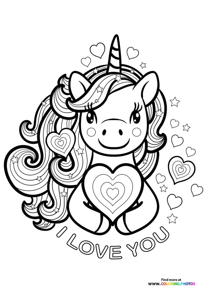 Smiling Valentine unicorn with heart on chest, spiral horn, and flowing mane with hearts and stars coloring page