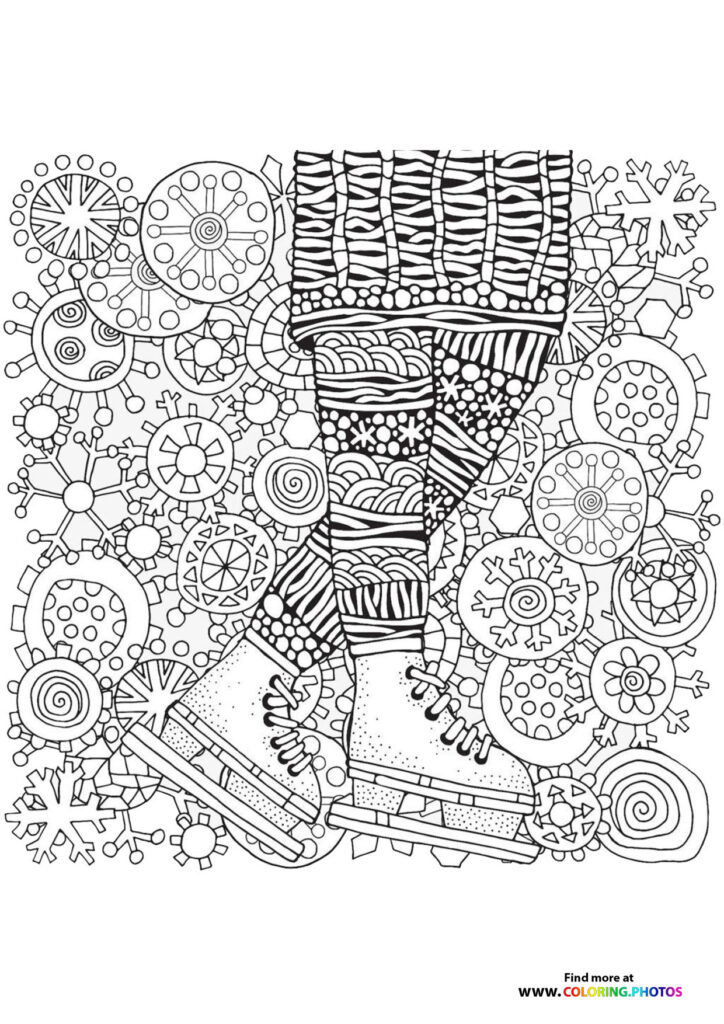 Winter boot surrounded by snowflakes and mandala patterns, adult coloring page with detailed zentangle designs