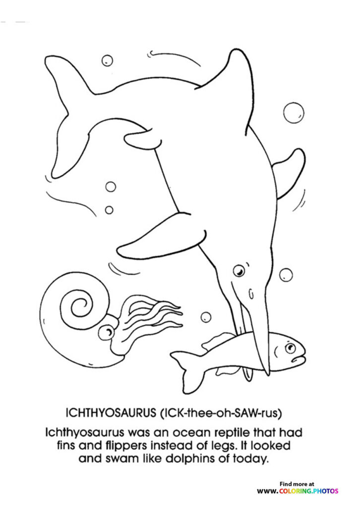 Ichthyosaurus ocean reptile with fins and flippers swimming with fish and ammonite coloring page