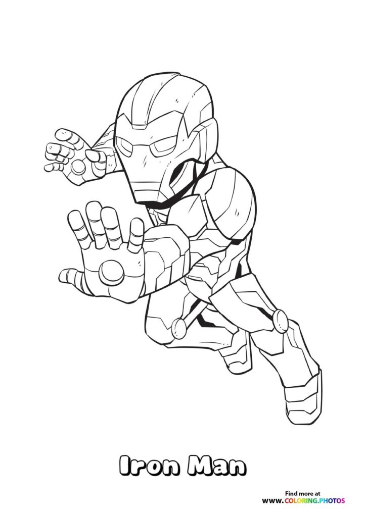 Iron Man in armored suit with raised repulsor gauntlets coloring page from Marvel Rivals video game