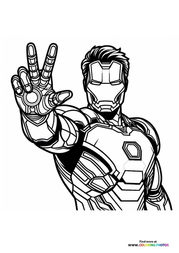 Iron Man making a peace sign with his repulsor gauntlet, showing his helmet and armored suit coloring page