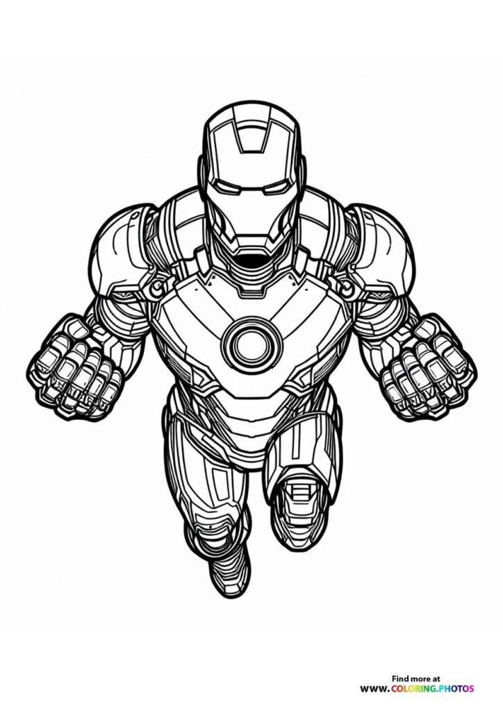 Iron Man in full suit armor with glowing arc reactor on chest, front view coloring page