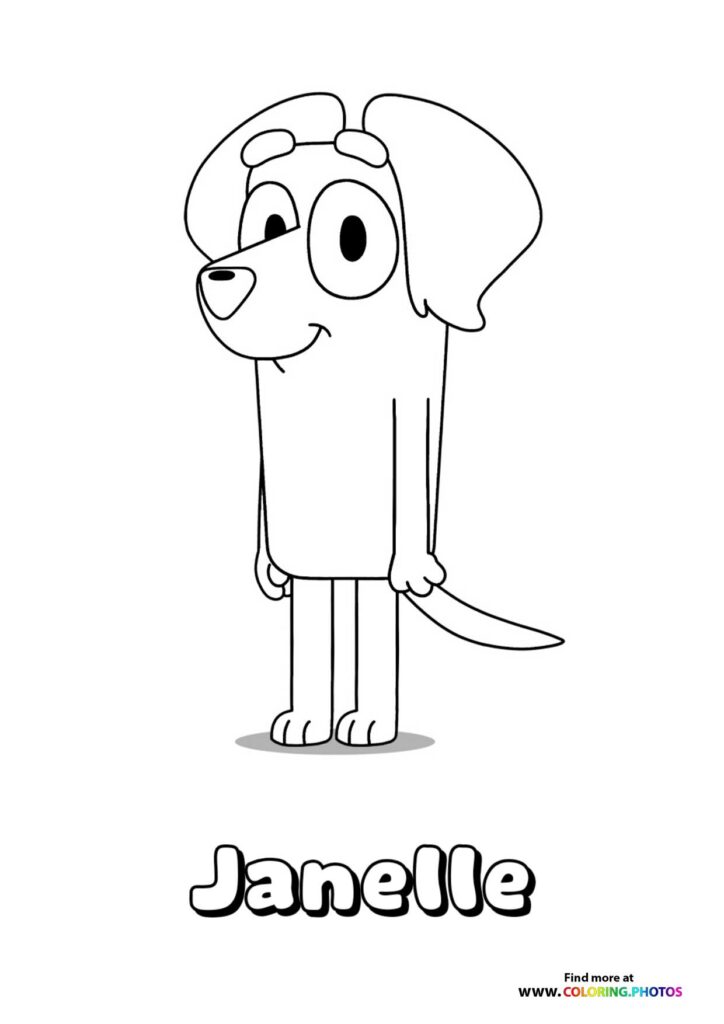 Janelle the dachshund standing with floppy ears and long tail coloring page from Bluey neighbours