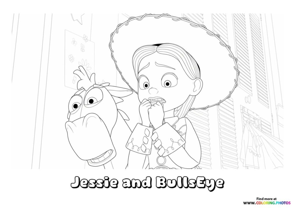 Jessie the cowgirl with hat and Bullseye the horse looking happy together coloring page from Toy Story 5