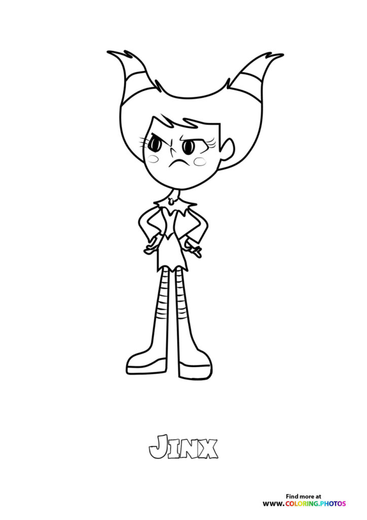 Jinx with horned pigtails wearing her signature outfit coloring page from Teen Titans Go