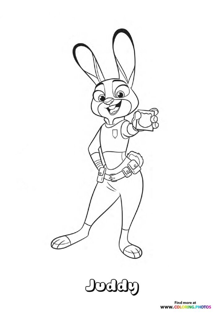 Judy Hopps from Zootopia 2 wearing police officer uniform with duty belt and badge coloring page