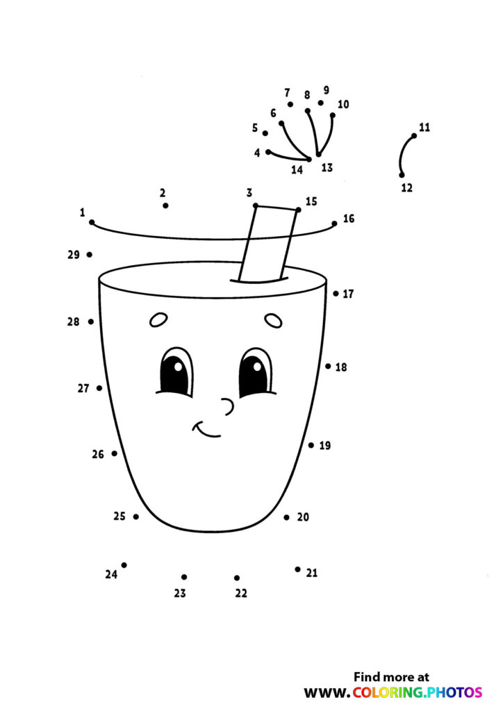 Happy flower pot with smiling face and blooming flowers dot-to-dot activity, 29 dots