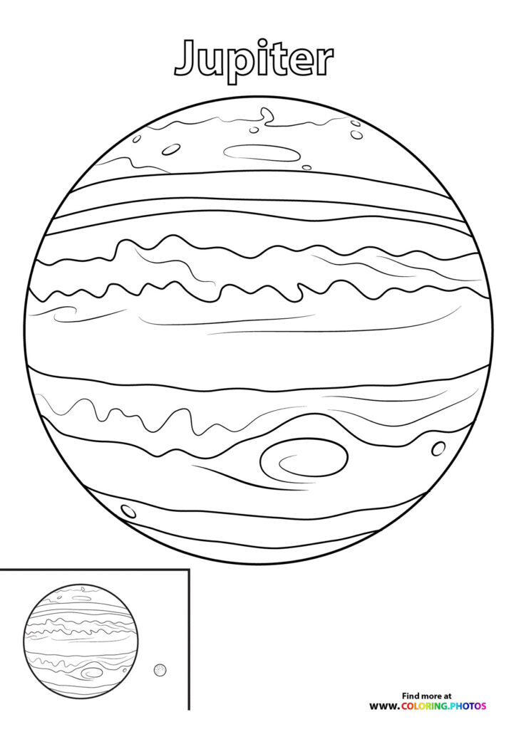 Jupiter with horizontal cloud bands, atmospheric details, and the Great Red Spot coloring page