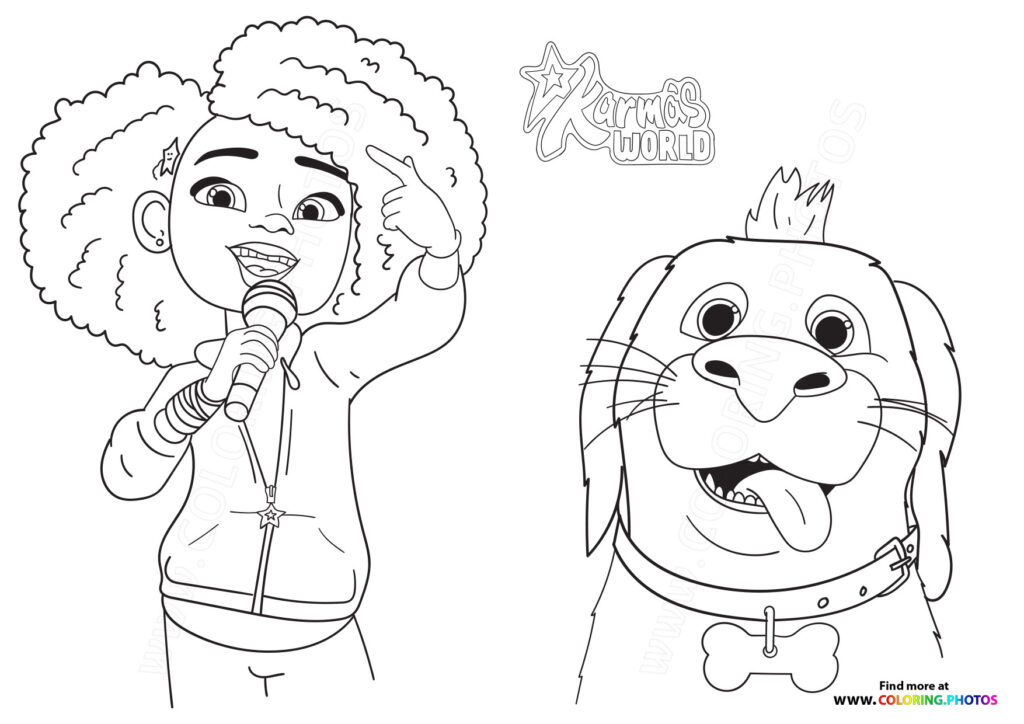 Karma singing into a microphone with her happy puppy beside her, both smiling from Karma's World coloring page