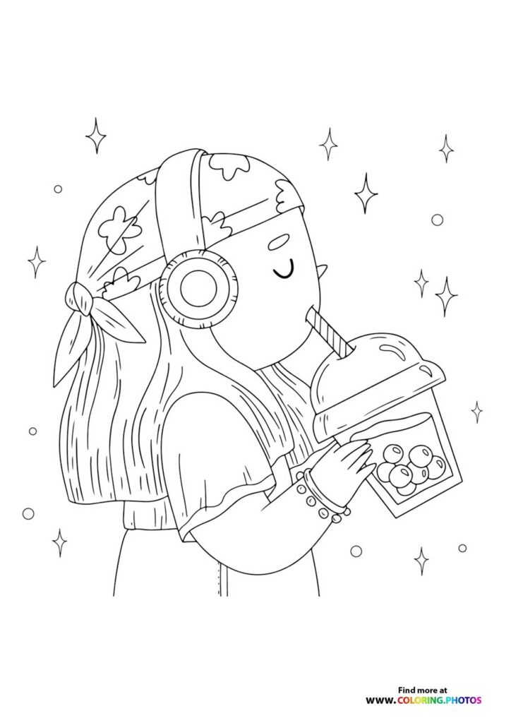 Girl with headphones, flowing hair with flower, holding artist palette and brushes surrounded by stars coloring page
