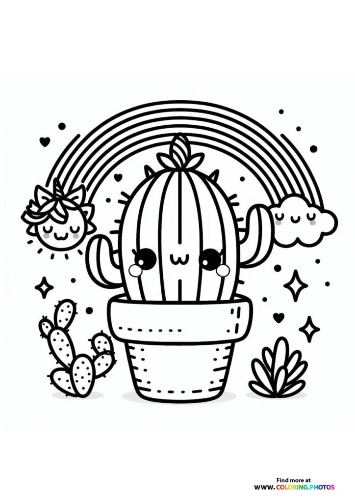 Cute smiling cactus with closed eyes in a pot under a rainbow with clouds and desert plants coloring page