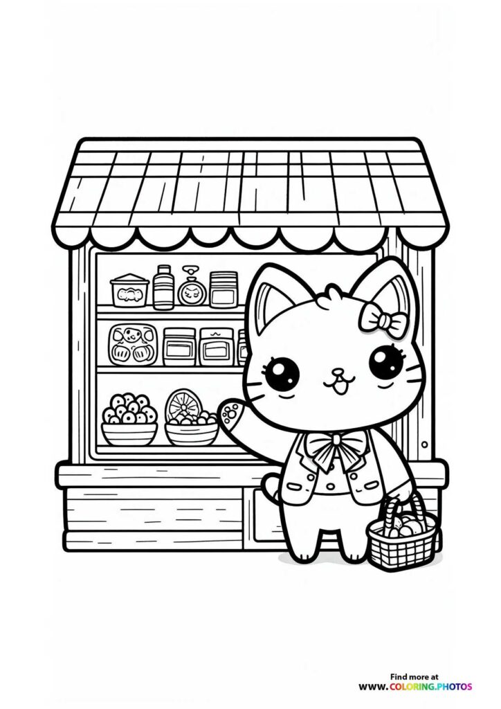 Kawaii cat with bow at fruit and vegetable stand coloring page