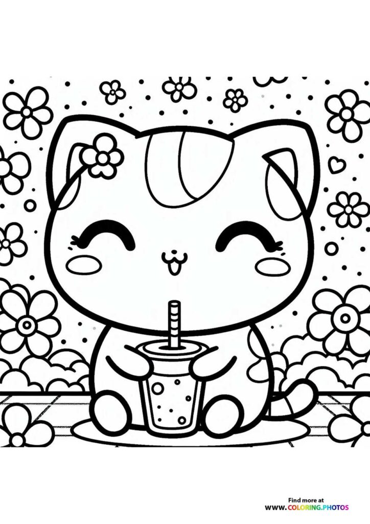 Cute kawaii cat holding bubble tea surrounded by flowers coloring page