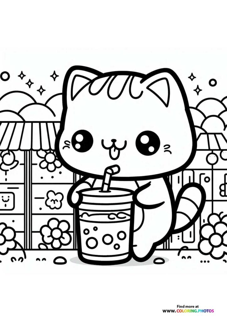 Cute kawaii cat holding bubble tea drink in a flower garden coloring page