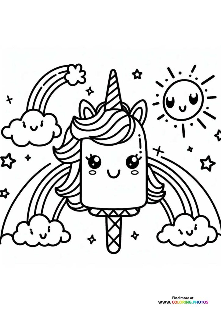 Cute unicorn popsicle with striped horn, rainbow mane, and smiling clouds and sun coloring page