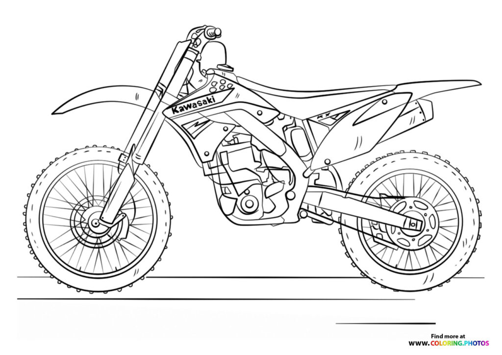 Kawasaki dirt bike with knobby tires and detailed suspension coloring page