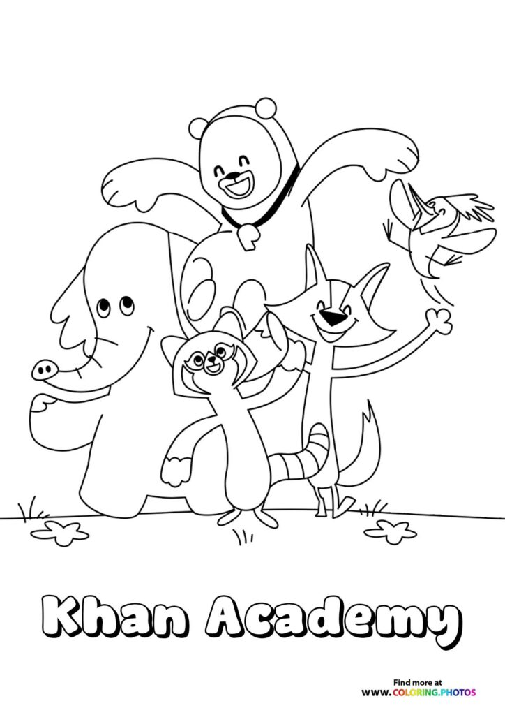 Khan Academy mascot characters including an elephant, bear, fox, and mouse celebrating together coloring page