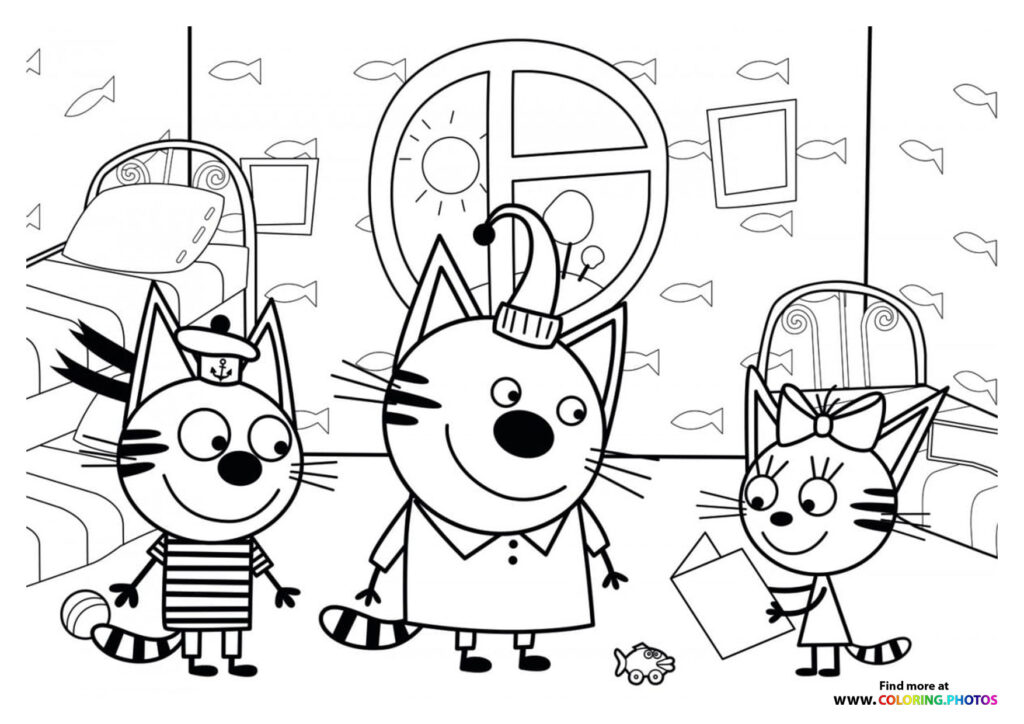 Kid-E-Cats Mummy, Pudding and Mittens in submarine outfits exploring underwater coloring page