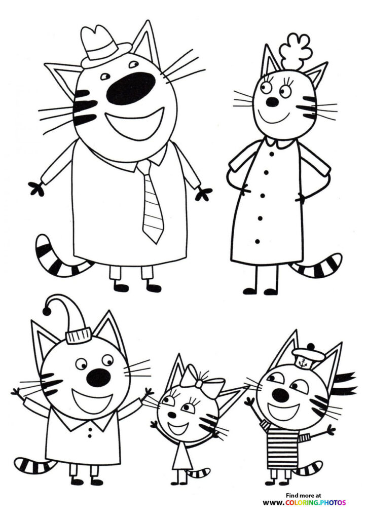 Kid-E-Cats family with dad, mom, and three kittens posing together coloring page