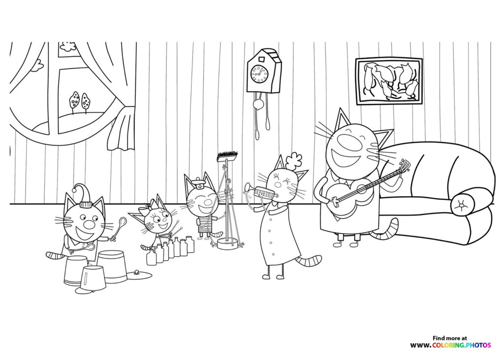 Three Kid-E-Cats playing musical instruments and performing together in a living room coloring page