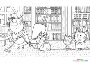 Kid E Cats family vacuuming coloring page