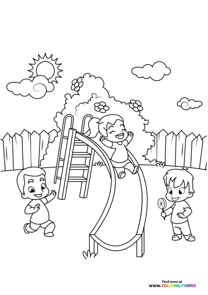 Two children playing at a spring playground while an adult slides down a slide surrounded by flowering bushes coloring page