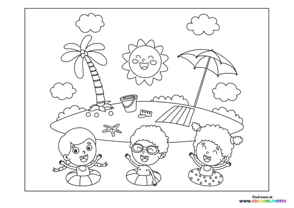 Three children playing at the beach with palm tree, sun, clouds, umbrella, and bucket coloring page