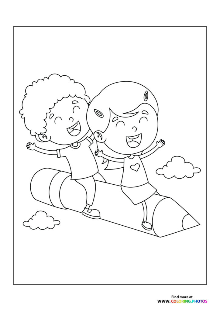Two happy kids sitting in a rocket ship flying through clouds coloring page