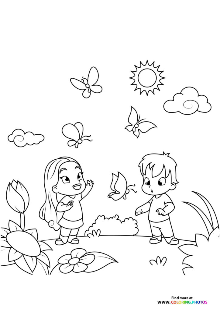 Kids playing in spring - Coloring Pages for kids