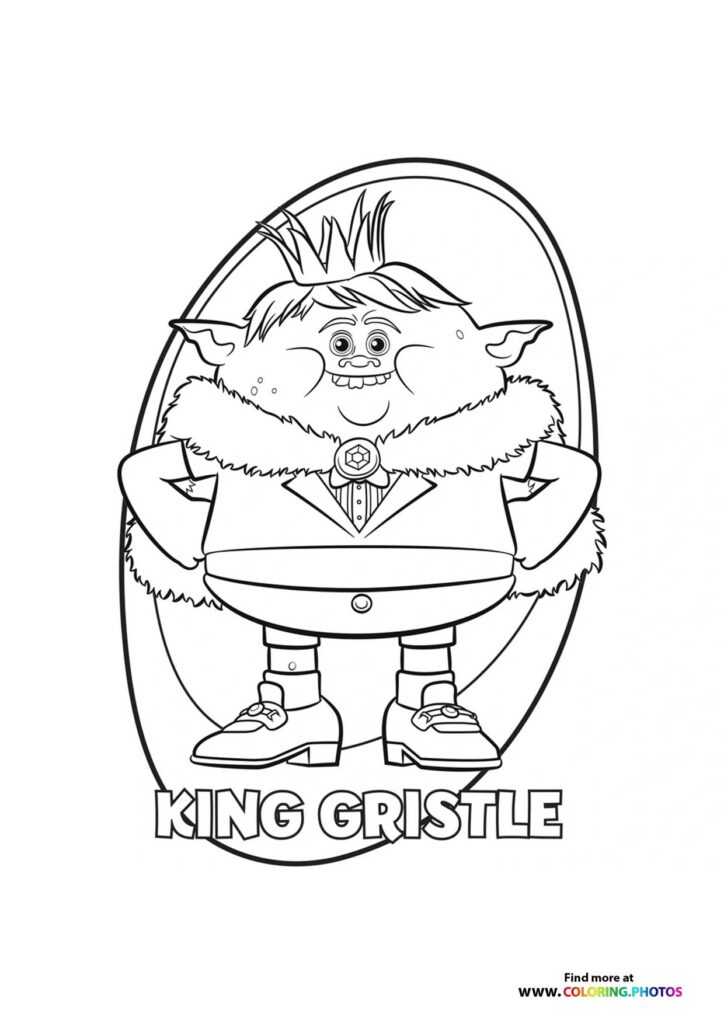 King Gristle wearing a crown and fur coat with jeweled chest piece coloring page from Trolls 3 Band Together