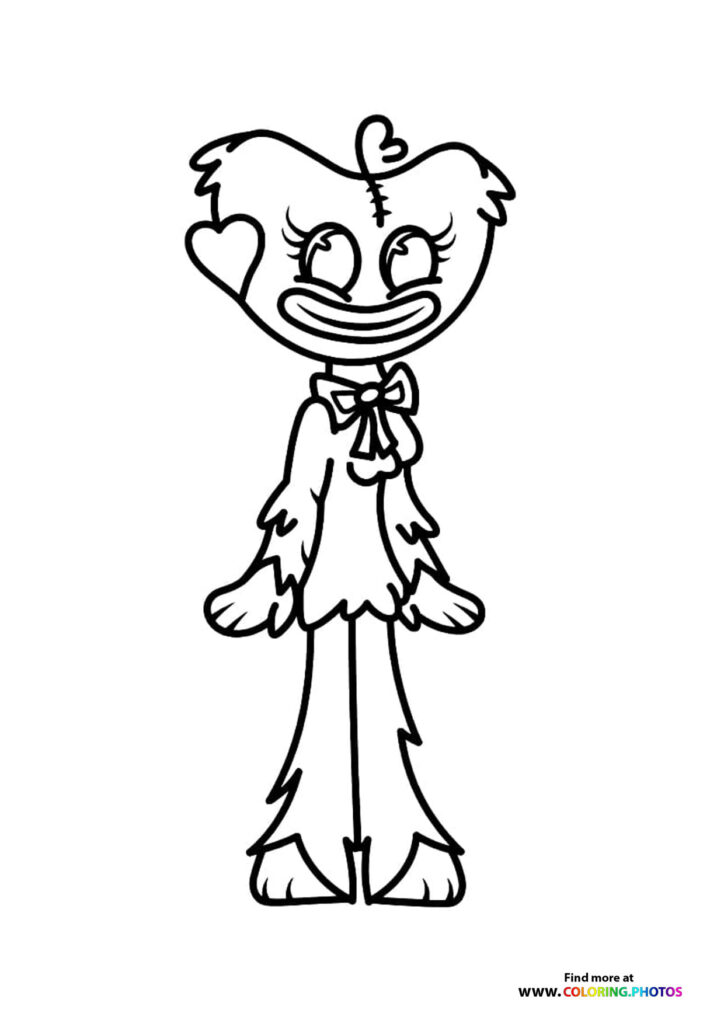 Kissy Missy from Poppy Playtime standing with arms outstretched, wearing a bow tie and dress, coloring page