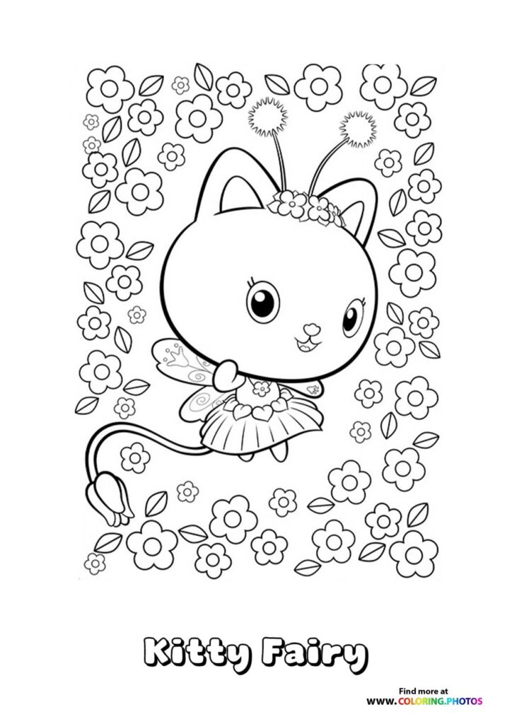 Kitty Fairy with wings and flower crown surrounded by blooming flowers coloring page from Gabby's Dollhouse The Movie