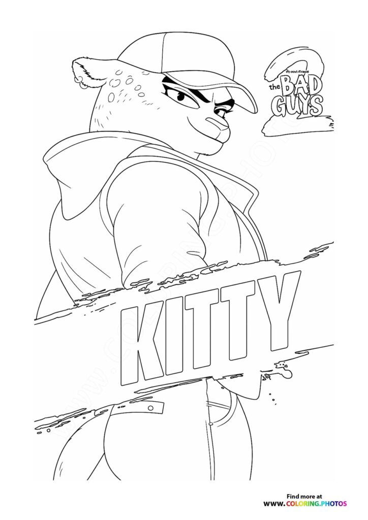 Kitty the kitten wearing a baseball cap and jacket holding a sign that says KITTY from The Bad Guys 2 coloring page