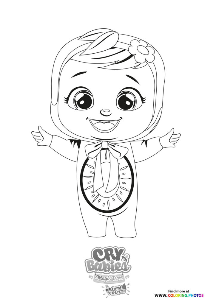 Tutti Frutti from Cry Babies Tutti Frutti wearing kiwi-slice outfit with arms raised coloring page