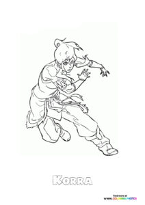 Korra in earthbending stance with determined expression and flowing hair, coloring page from The Legend of Korra